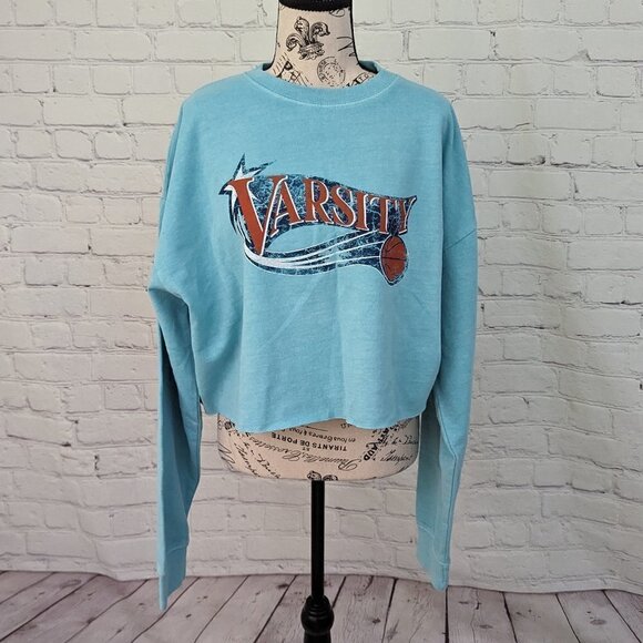 PLT Aqua Varsity Print Crop Washed Sweatshirt sz L NEW - Picture 3 of 8